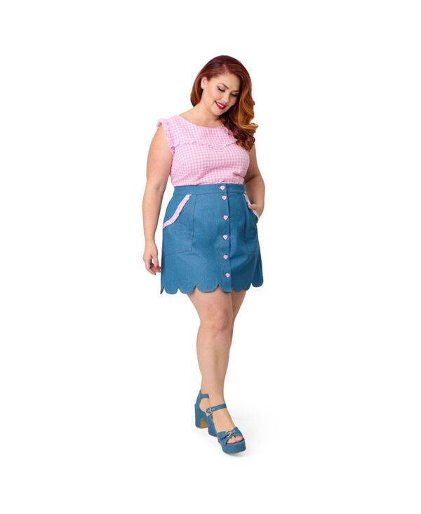 ユニークビンテージ レディース ボトムスカート プラスサイズ ミニ Unique Vintage Plusize Scallop Hemini Skirt Denim pink gingham デニム