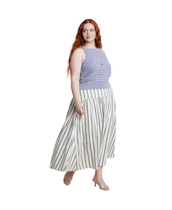 エロクイ レディース ボトムスカート リネン ELOQUII Womens Drop Waistriped Linen Skirt Iguana stripe ストライプ