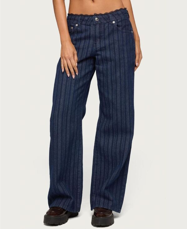 アディクテッド レディース ボトムス デニムパンツ レーストリム ローライズ レース ジーンズ Edikted Womens Lace Trim Striped Low Rise Baggy Jean