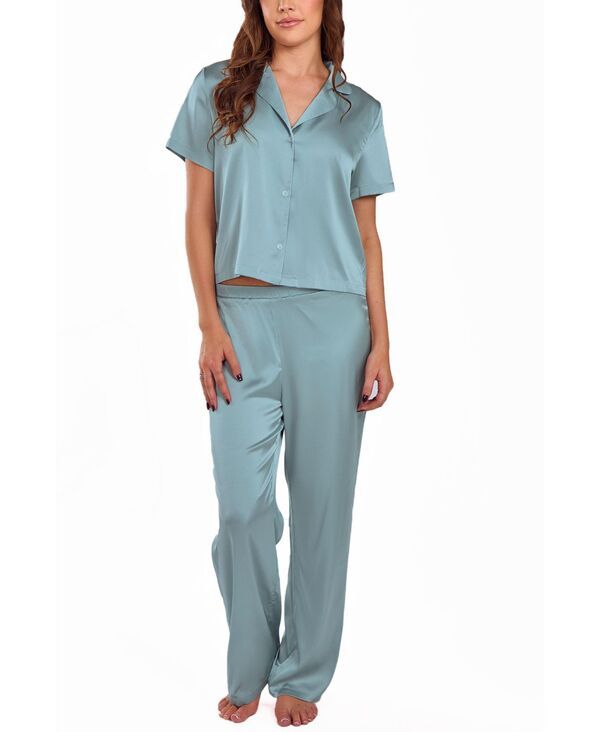 アイコレクション レディース アンダーウェア ナイトウェア シャツ サテン iCollection Womensatinotch Shirt and Pant Pajama Set Sage セージ 19,965円