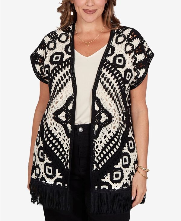 ルビーアールディー レディース アウター ニット・セーター プラスサイズ ノースリーブ カーディガン フリンジ Ruby Rd Plusize Medallion Crochet Fringe Sle