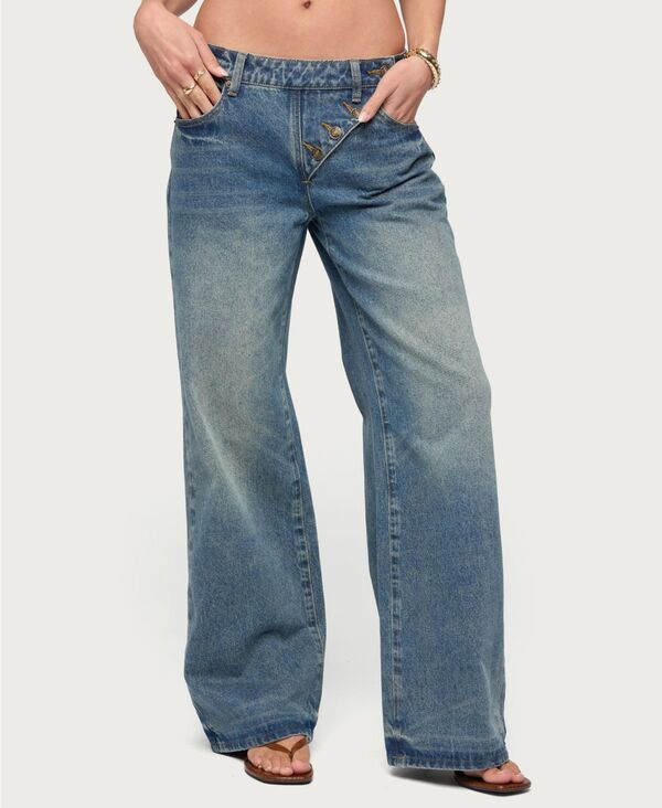 アディクテッド レディース ボトムス デニムパンツ ローライズ ジーンズ Edikted Womens Moxlan Slanted Button Low Rise Baggy Jeans Bluew