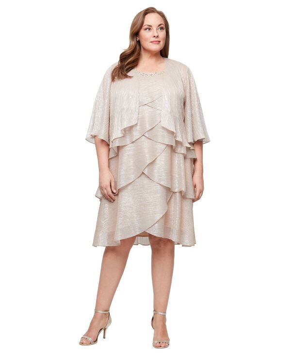 エスエルファッションズ レディース アウター ジャケット・ブルゾン ティアード プラスサイズ トール SL Fashions Plusize 2Piece Metallic Tieredress Ja