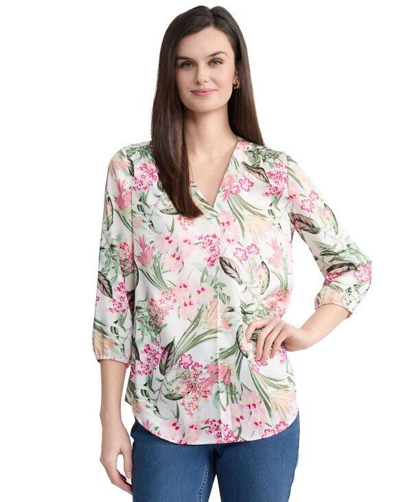 ジョーンズニューヨーク レディース アウター ニット・セーター プリント サテン Jones New York Womens Printed Satin Twill Tunic White Sand