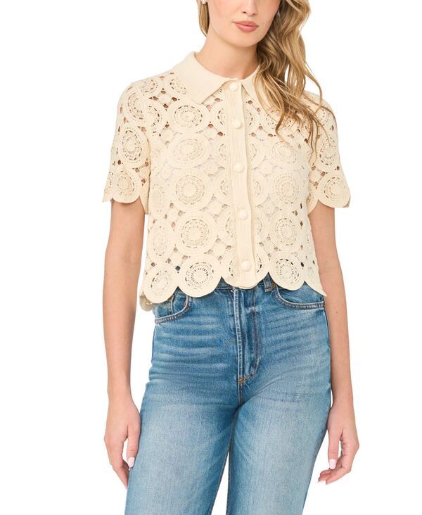 セセ レディース アウター ニット・セーター 半袖 カーディガン CeCe WomenshortSleeve Crochet Cardigan Sandrift サンド