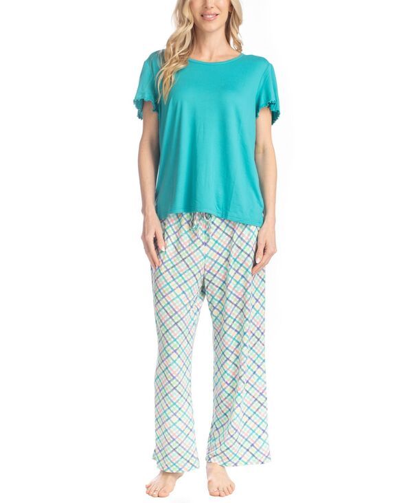 ムクルクス レディース ボトムス カジュアルパンツ アンクル MUK LUKS Womens Artistic Garden Round Neck Top and Ankle Pants TealSp