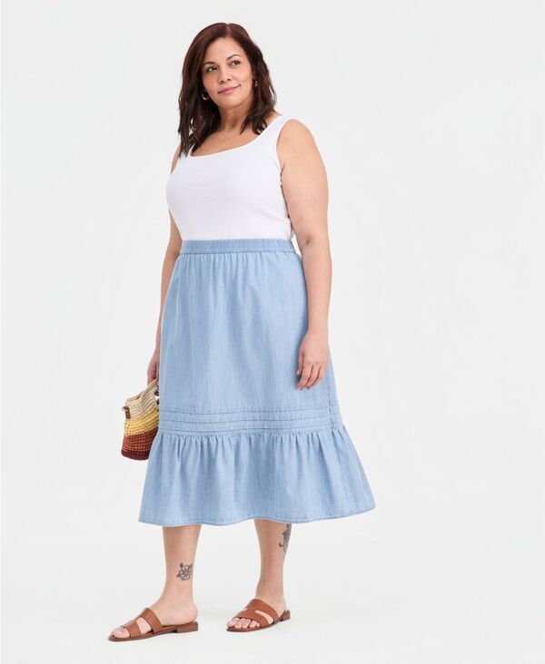 スタイルアンドコー レディース ボトムスカート プラスサイズ コットン Style Co Plusize Cotton Chambray Pintucked PullOn Skirt Anna Was