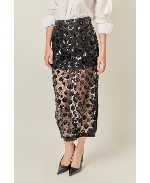 イングリッシュファクトリー レディース ボトムスカート ミディ シアー スパンコール English Factory Womens Flower Sequin Sheer Midi Skirt Bla