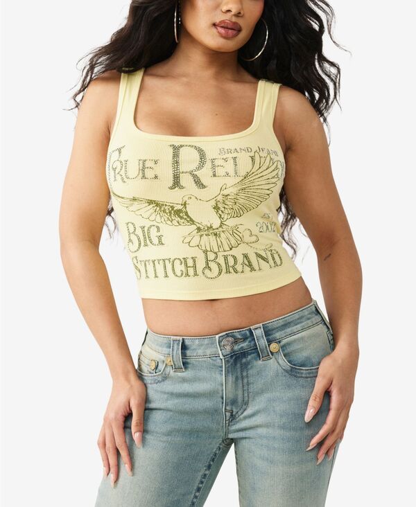 トゥルーレリジョン レディース トップス タンクトップリント True Religion Womens Crystal Printed Rib Tank Top Lemon
