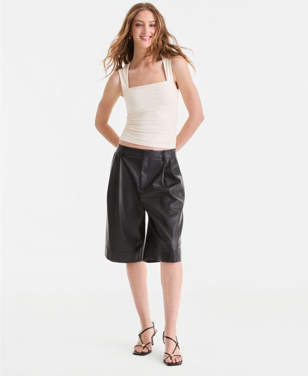 バースリー レディース ボトムス ハーフパンツ・ショーツ プリーツ ショートパンツ レザー Bar III Womens FauxLeather Pleated Bermuda Shorts Deep