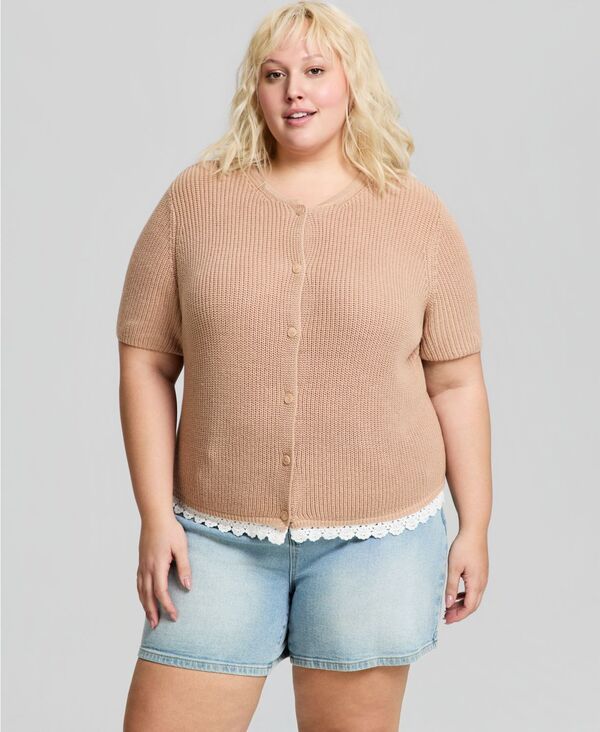アンドノウディス レディース アウター ニット・セーター クルーネック プラスサイズ 半袖 カーディガン And Now This Trendy Plusize ShortSleeve Crewnec