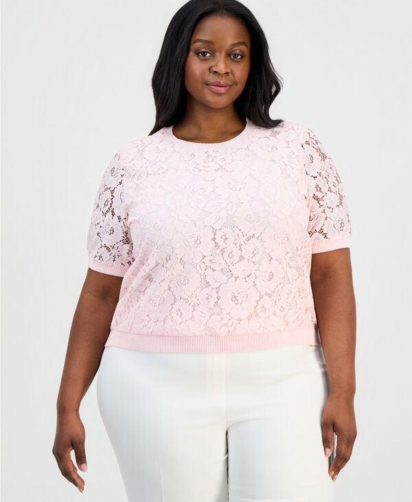 タハリエーエスエル レディース アウター ニット・セーター 半袖 レース Tahari ASL Womens LaceFront ShortSleeve Sweater Tea Rose 21,445円
