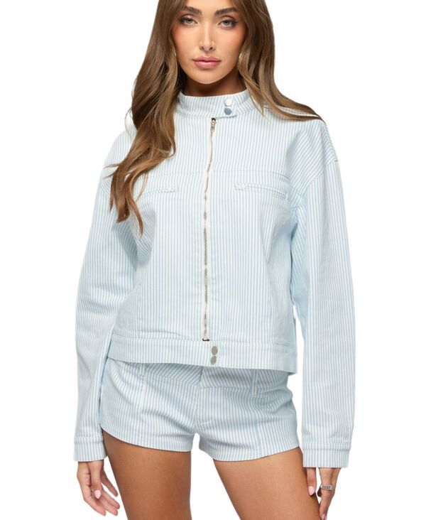 アディクテッド レディース アウター ジャケット・ブルゾン Edikted Womens Myah Pinstripe Moto Jacket Whiteandblue ホワイト