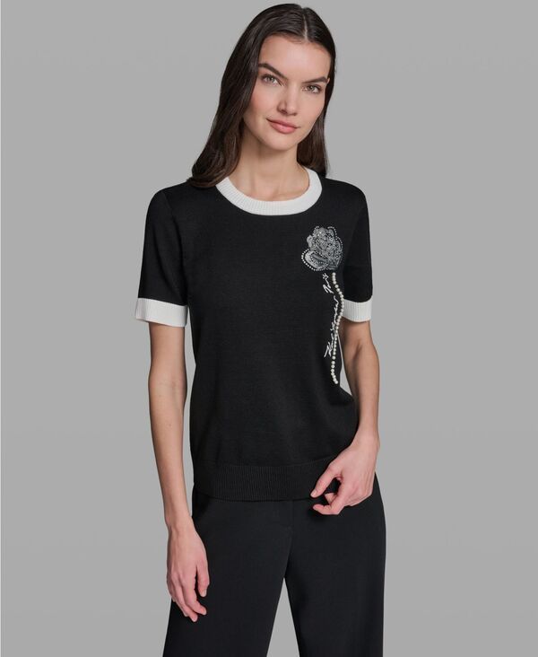 カール ラガーフェルド レディース アウター ニット・セーター クルーネック KARLAGERFELD PARIS Womens Rose Detail Crewneck Sweater BlackS