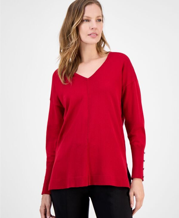 AK アンクライン レディース アウター ニット・セーター Vネック AK Anne Klein Womens ButtonCuff VNeck Top Medium Red レッド