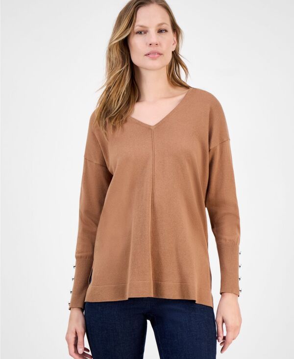 AK アンクライン レディース アウター ニット・セーター Vネック AK Anne Klein Womens ButtonCuff VNeck Top Med Brown ブラウン