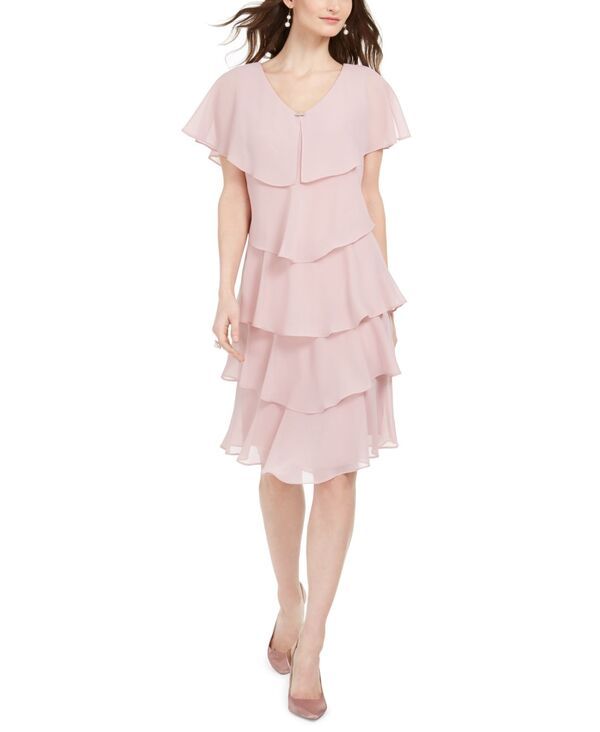 エスエルファッションズ レディース トップス ワンピース ティアード キャップ ケープ SL Fashions Tie red Rhinestone Capelet Dress Faded Rose