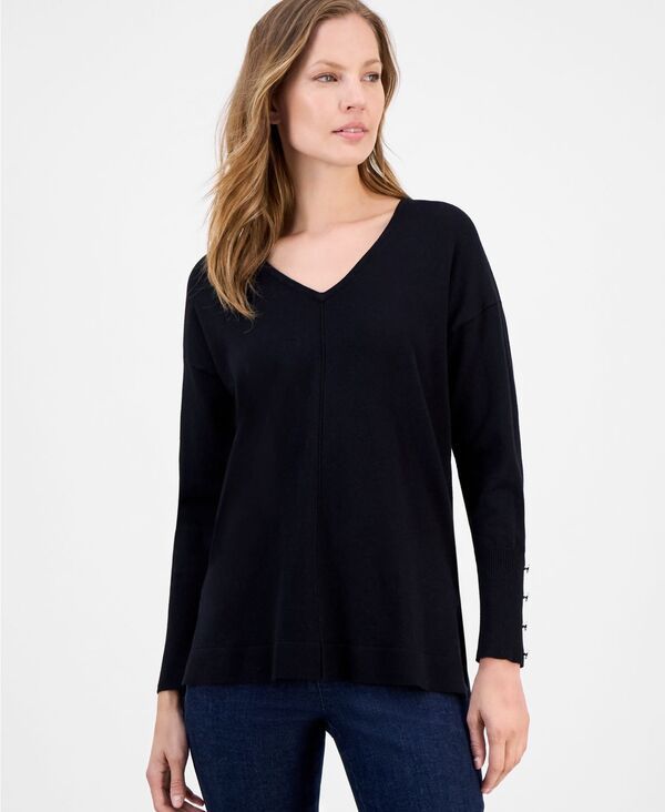 AK アンクライン レディース アウター ニット・セーター Vネック AK Anne Klein Womens ButtonCuff VNeck Top Black ブラック