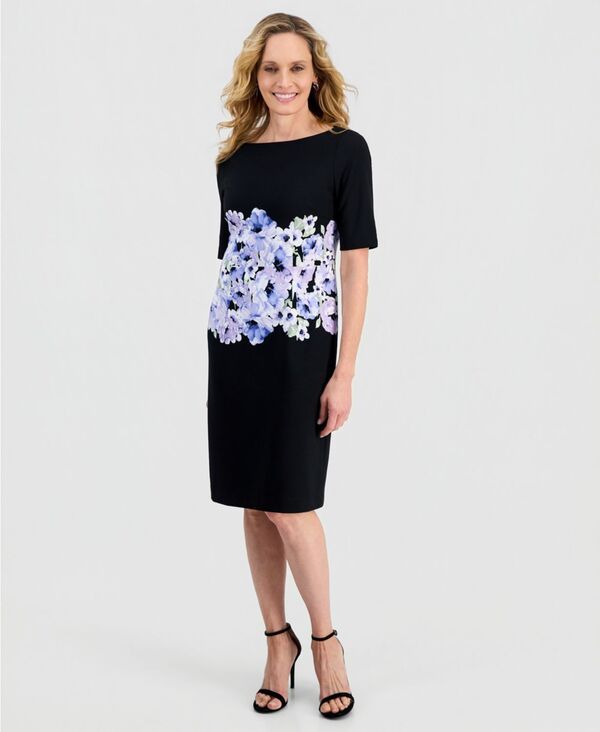 カスパール レディース トップス ワンピース クレープリント スキューバ Kasper Womens Printed Scuba CrepelbowSleeve Sheath Dress Black