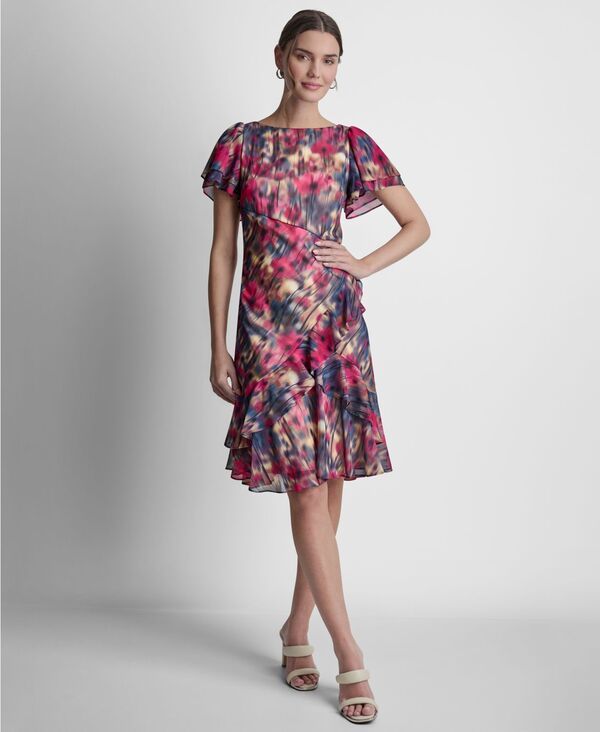 ダナ キャラン ニューヨーク レディース トップス ワンピース フリル裾 フリル 半袖 DKNY Womens Double Flutter ShortSleeve Ruffle Hem Dress