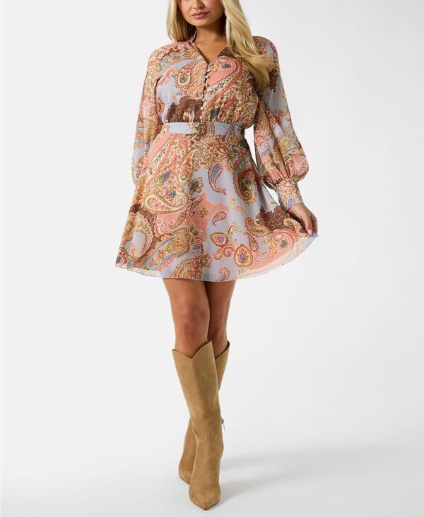 ゲス レディース トップス ワンピース Vネック 長袖 GUESS Womens LongSleeve Paisley VNeck Short Dress Peach Paisley Print ピー