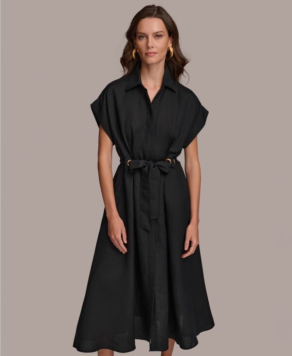 ダナ キャラン ニューヨーク レディース トップス ワンピース ミディ Donna Karanew York Womens GrommetTrim Belted Midi Dress Black ブラ