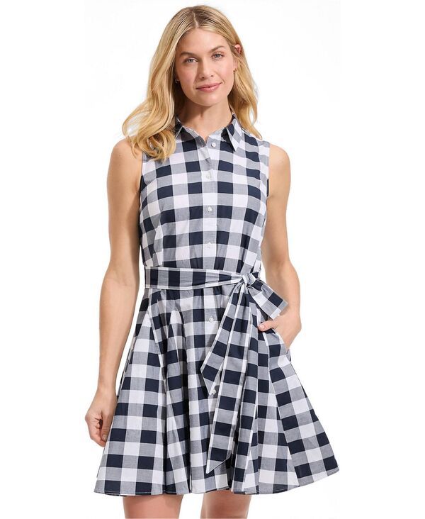 ランズエンド レディース トップス ワンピース Lands End Womens Poplin Button Front Dress with Godets Radiant navy gingham