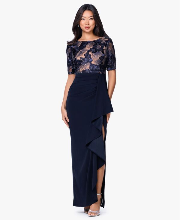 ベッツィアンドアダム レディース トップス ワンピース フリル スキューバ Betsy Adam Womens Boat Neck Scuba Ruffle Dress NavyNude ネイビー