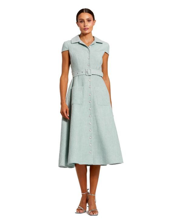 マックダガル レディース トップス ワンピース ミディ キャップ Mac Duggal Womens Belted Boucle Cap Sleeve Button Up Midi Dresseafo