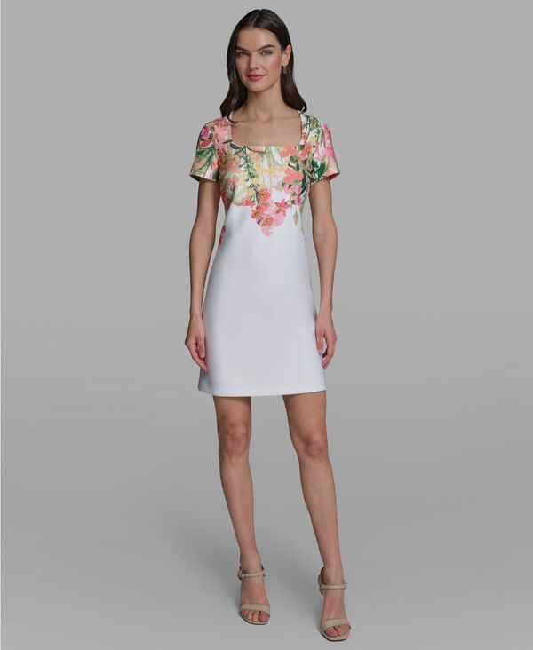カール ラガーフェルド レディース トップス ワンピース フラワー柄 フラワー KARLAGERFELD PARIS Womens Floral Border Square Neck Dressoft