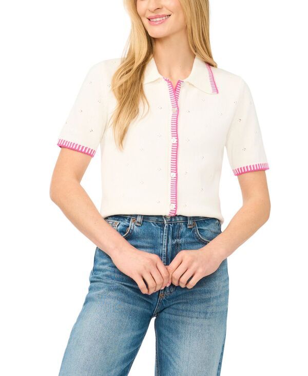 セセ レディース アウター ニット・セーター 半袖 コットン カーディガン CeCe Womens Pointelle ShortSleeve Colla red Cotton Cardigantiq 18,091円
