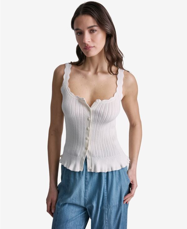 ビーシビージー レディース トップス タンクトップ リブ BCBG Womens Ribbed ButtonFront Scoop Neck Tank Top White ホワイト