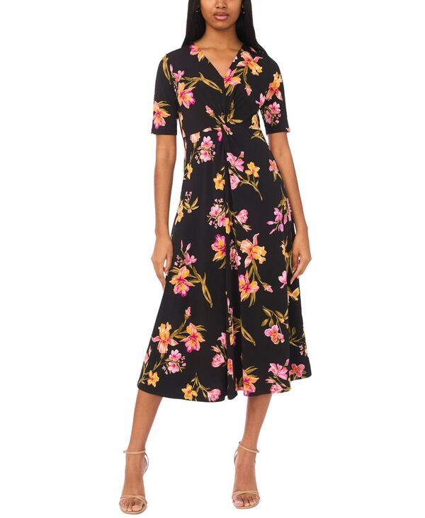 ミスク レディース トップス ワンピース Vネック ミディ MSK Womens VNeck Twist Front Midi Dress Rich Black ブラック
