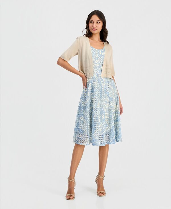 ロビー・ビー レディース トップス ワンピース A ライン プリント Robbie Bee Womens Printed Crochet ALine Dress Shrug TanBlue ブルー