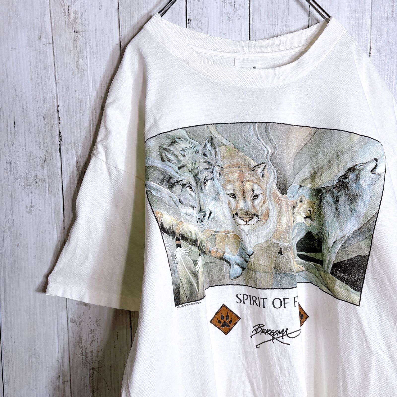 【存在感抜群】SPIRIT OF FREEDOM T-shirt スピリットオブフリーダム ホワイト 狼 オオカミ 動物 アニマル ネイティブ アート 90s Vintage 古着 半袖Tシャツ #W3698