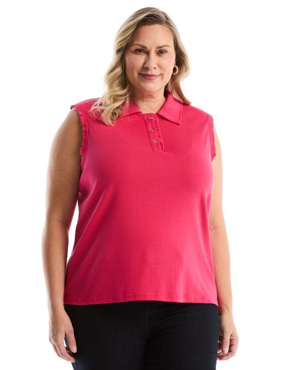 ラファエラ レディース トップス ポロシャツ プラスサイズ フリル ノースリーブ Rafaella Plusize Ruffle Trim Sleeveless Polo Shirt Raspberr