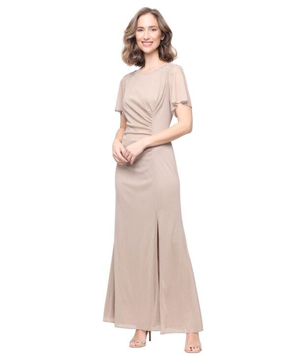 エスエルファッションズ レディース トップス ワンピース プチ SL Fashions Petite FlutterSleevembellished Glitter Gown Champagne シャ