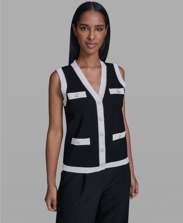カール ラガーフェルド レディース アウター ニット・セーター Vネック ダウン KARLAGERFELD PARIS Womens ButtonDown VNeck Sweater Blackwhi