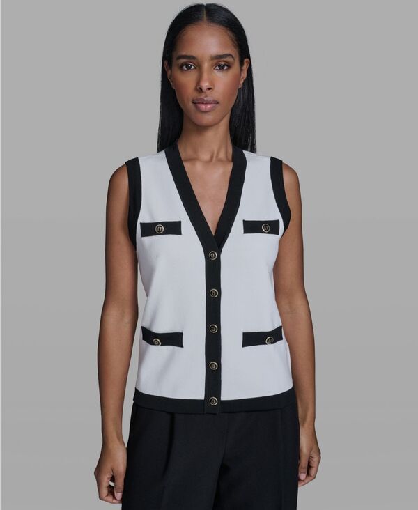 カール ラガーフェルド レディース アウター ニット・セーター Vネック ダウン KARLAGERFELD PARIS Womens ButtonDown VNeck Sweater Whitebla