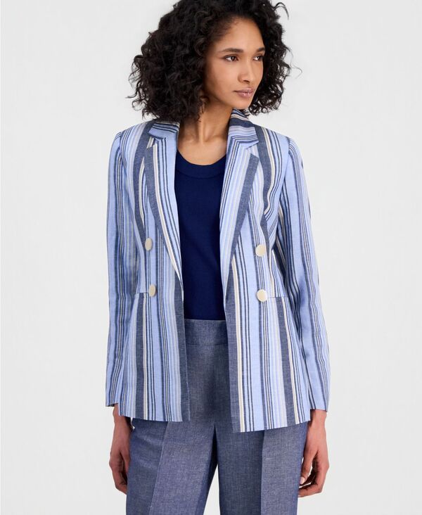 アンクライン レディース アウター ジャケット・ブルゾン ブレザー リネン Anne Klein Womens LinenBlend Striped OpenFront Blazer Lake Sho