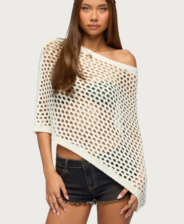 アディクテッド レディース アウター ニット・セーター Edikted Womens Cloe Off Shoulder Crochet Poncho Cream クリーム