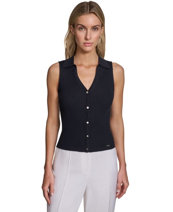 カルバンクライン レディース アウター ニット・セーター ノースリーブ Calvin Klein Womensleeveless ButtonFront Colla red Sweater Navy