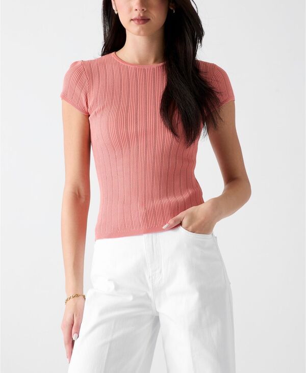 ゲス レディース アウター ニット・セーター クルーネック 半袖 GUESS WomenshortSleeve Crew Neck Rib Pointelle Mix Kara Sweater Pea