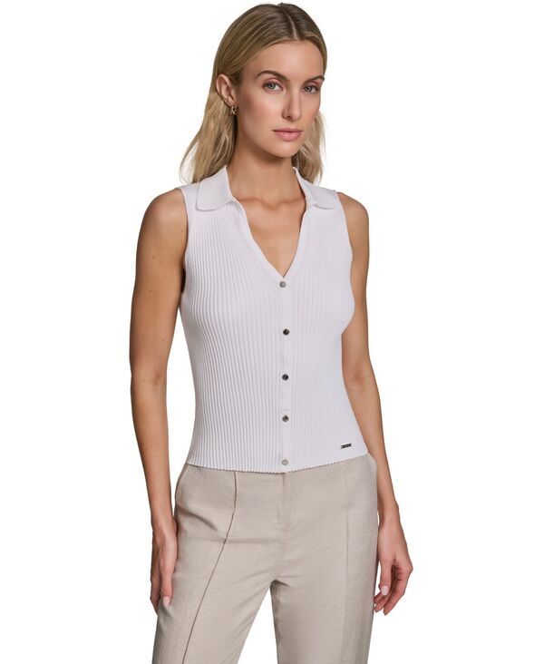カルバンクライン レディース アウター ニット・セーター ノースリーブ Calvin Klein Womensleeveless ButtonFront Colla red Sweater White
