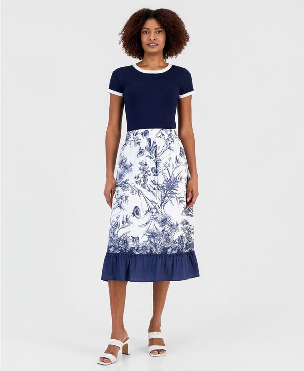 ティー・タハリ レディース ボトムスカート プリント フリル Tahari Womens Printed RuffledHem PullOn Skirt Navy Bloom ネイビー