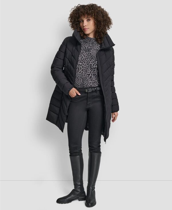 ダナ キャラン ニューヨーク レディース アウター コート DKNY Womens Chevron Stand Collar Coat Black ブラック