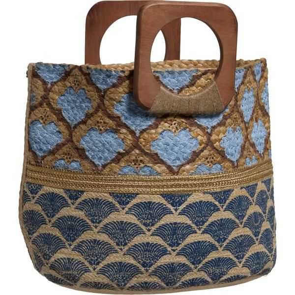 アンティッククラフト レディース バッグ プリント ANTIKRAFT Printed Jute Tote Bag with Wooden Handles Blue ブルー