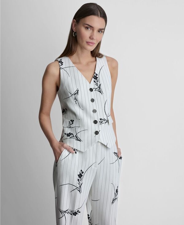 ダナ キャラン ニューヨーク レディース トップス ベスト Vネック ノースリーブ DKNY Womens Pinstripe VNeck Sleeveless Vest IvoryNavy アイボリ