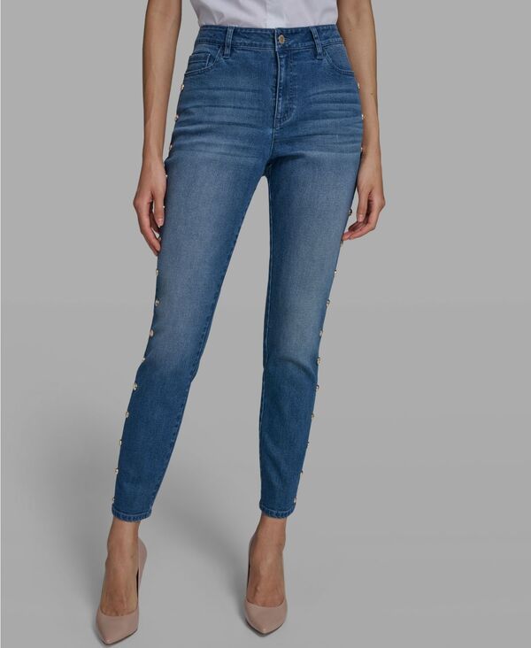 カール ラガーフェルド レディース ボトムス デニムパンツ ジーンズ KARLAGERFELD PARIS Womens MidRise Studded Straight Jeansteel Blue