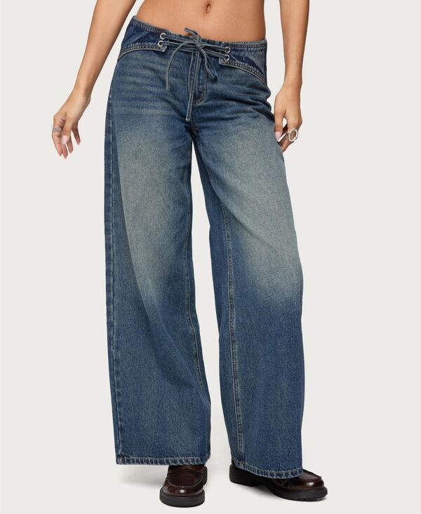アディクテッド レディース ボトムス デニムパンツ ローライズ レース ジーンズ Edikted Womens Niah Lace Up Low Rise Baggy Jeans Darkblue ブ